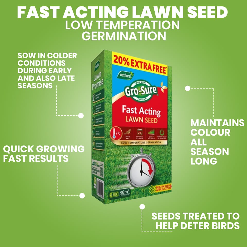image 1 of Westland Gro-Sure Fast Acting Lawn Seed 30 Square Meter with 20 Percent Extra Free Quick Germination Grass Seed for New Lawns and Patch Repair