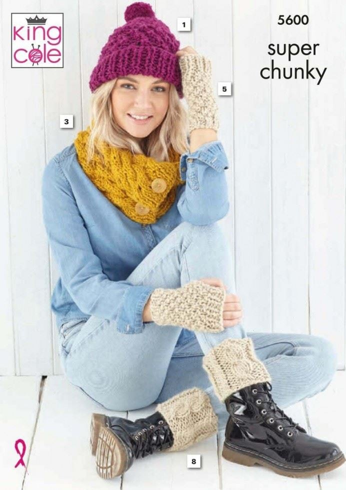 King Cole Explorer & Timeless Super Chunky Knitting Pattern 5600, Headwear, Wrist Warmers, Scarves and Shawls for Women - One Size
