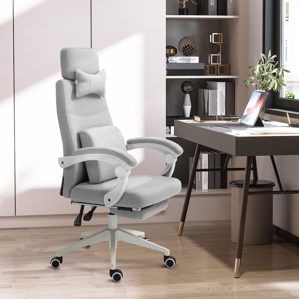 image 1 of Vinsetto Office Chair, Ergonomic Desk Chair, High Back Fabric Work Chair with 160 Reclining Backrest, Retractable Footrest, Neck and Lumbar Pillow for Home and Study, Grey