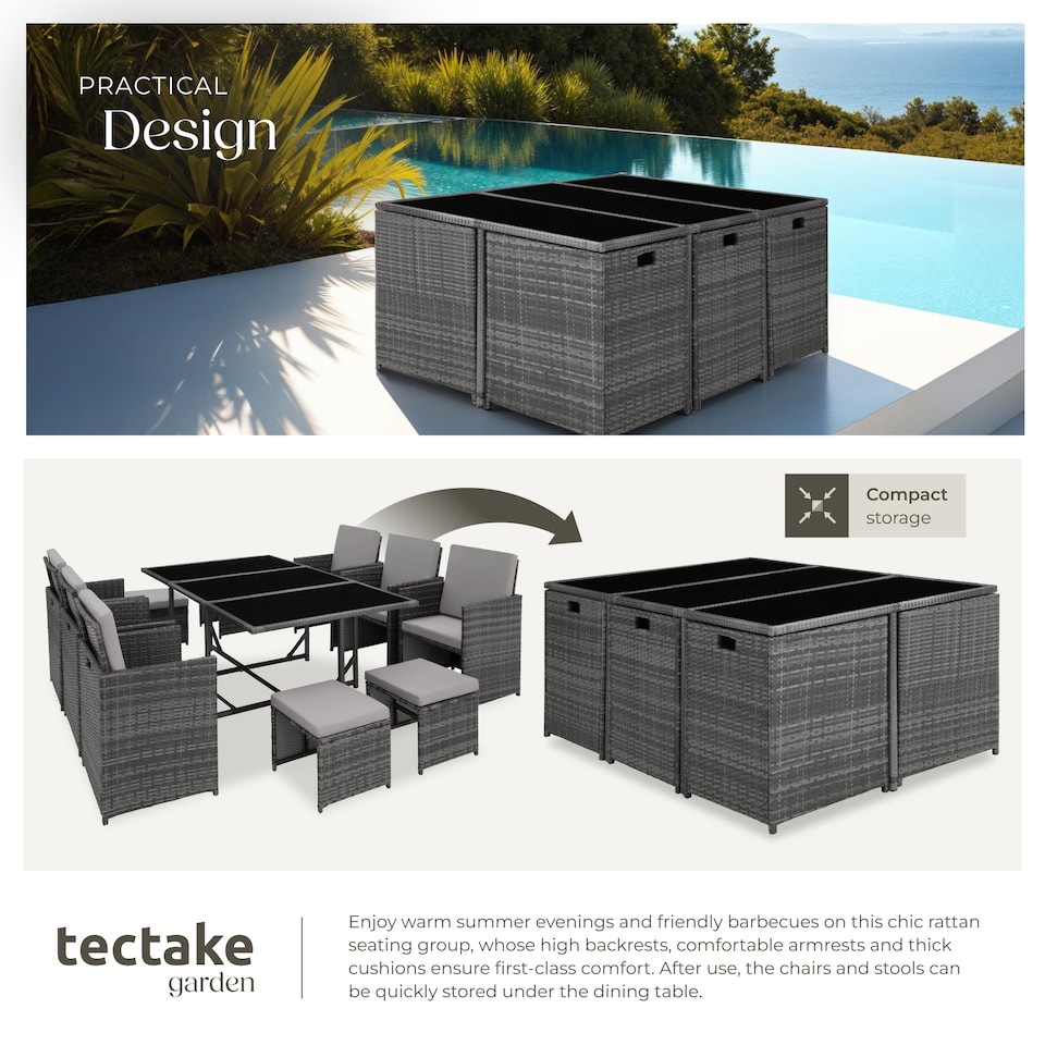 image 1 of Garden Table and Chairs Malaga - 10 seats with cushions, dining table, rain cover | Grey | grey | 53 x 53 x 87 cm | 1