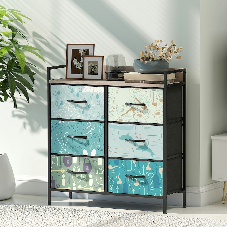 image 1 of HOMCOM 6-Drawer Chest of Drawers, Fabric Dresser with Open Shelf, Blue | Blue