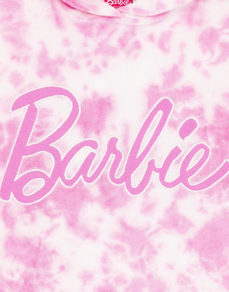 image 1 of Barbie Girls Towel Poncho | Pink Tie Dye Wearable Bath Towel For Kids | Classic Logo Graphic Hooded Changing Robe | Short Sleeve Cosy Swimwear Beach Cover Up Merchandise Gift for Children