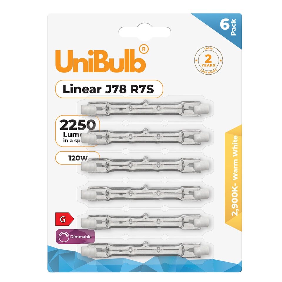 image 1 of UniBulb Halogen 78mm R7S Linear 2250lm 120W 2900K (Warm White) Dimmable Light Bulb For Floodlights, Work Lamps, & Security Lights - Pack of 6 | Clear | Warm White | 6