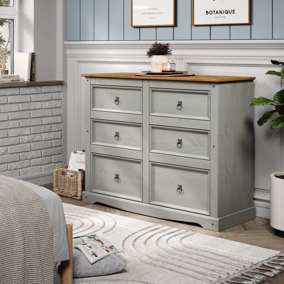 image 1 of Premium Corona 3+3 Drawer Wide Chest of Drawers - Classic Mexican Pine Bedroom Storage Cabinet | Grey | Grey | 1