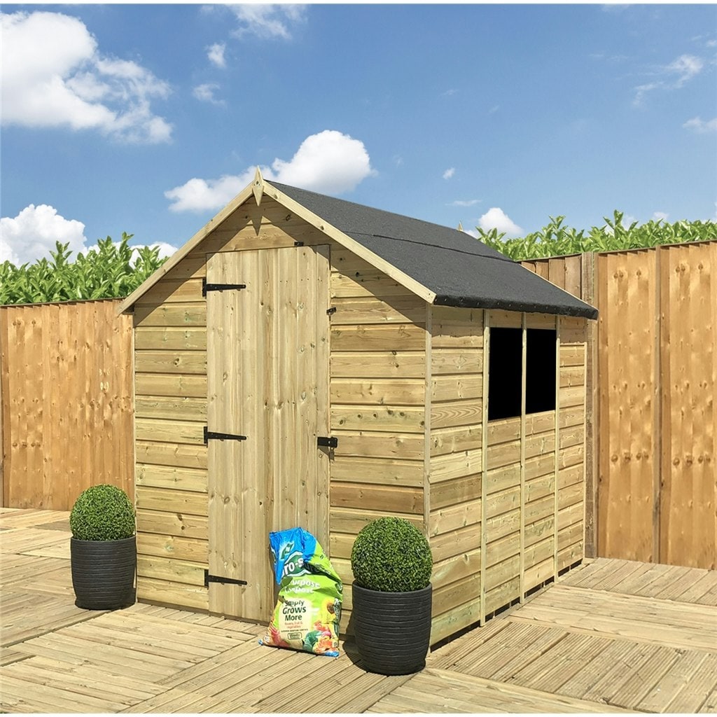 8 x 6 Pressure Treated Tongue And Groove Single Door Apex Shed - 2 Windows + Low Eaves (8' x 6') / (8ft x 6ft) (8x6)