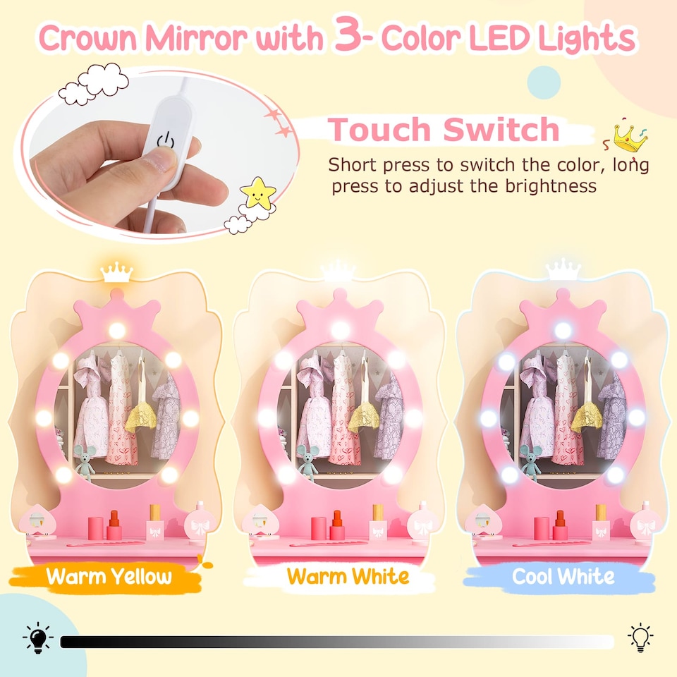 image 1 of COSTWAY Princess Vanity Table & Chair Set Kids Set Pink