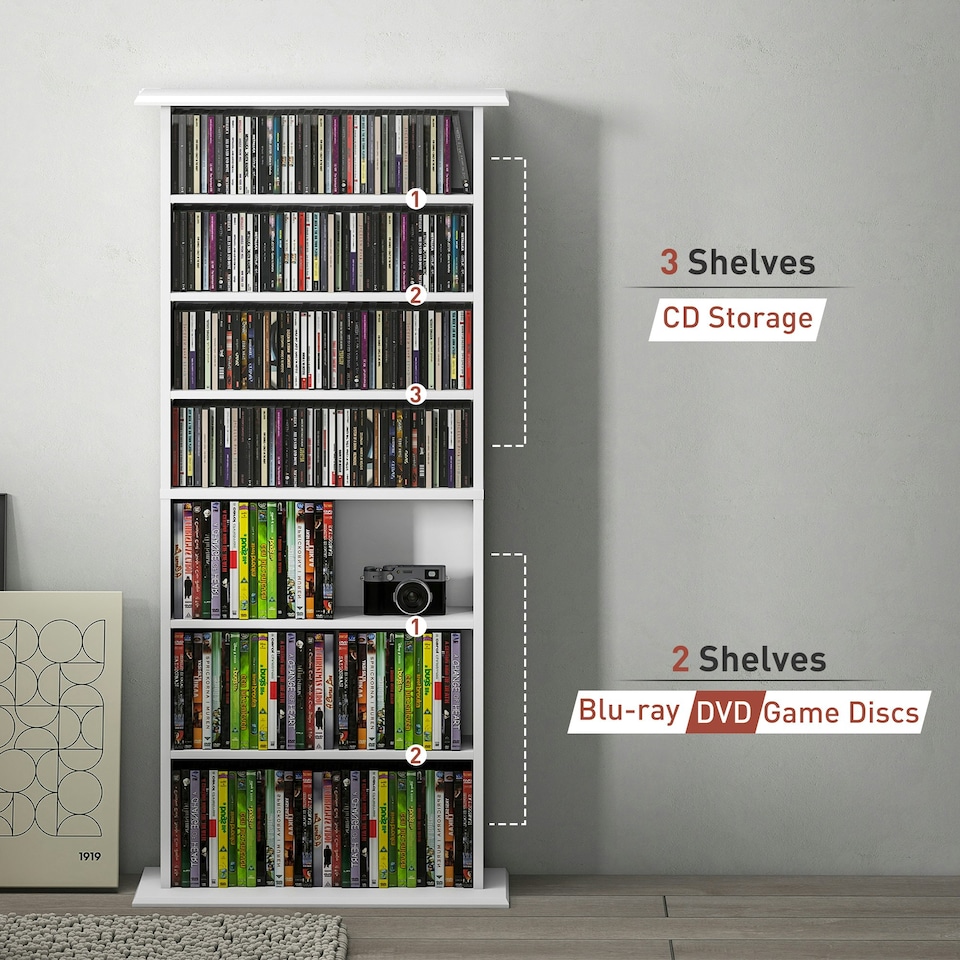 image 1 of HOMCOM CD Storage Unit DVD Tower Blu-ray Storage Shelf for Living Room White White
