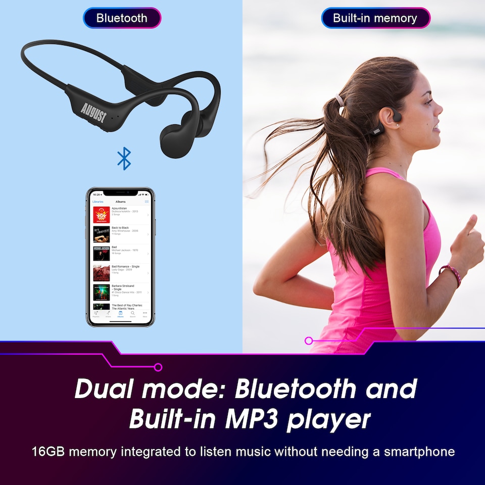 image 1 of Bone Conduction Bluetooth Wireless Headphones Open Ear Sports Earphones with Mic, Hands- Free Calls, Built-in 16GB MP3 Player - August EP400B | Black