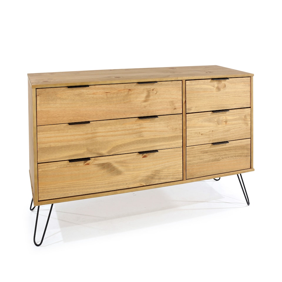 image 1 of Augusta Pine 3+3 Drawer Wide Chest of Drawers - Industrial Style Bedroom Storage Cabinet | Brown | Brown | One Size | 1