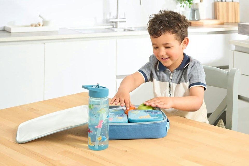 image 1 of Tiny To Tots Dinosaur Lunch Bag, 3 Pack Nested Boxes & Flip Top Straw Sipper 500ml