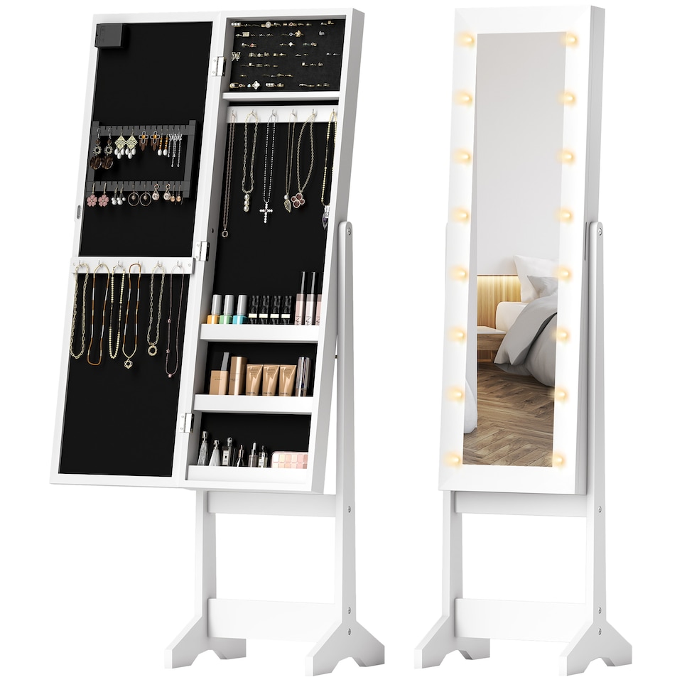 image 1 of HOMCOM Freestanding Mirror Jewelry Cabinet with LED Lights, Jewellery Organiser with 3 Angle Adjustable, Full-Length Mirror with Storage for Earrings, Necklaces, Rings and Lipsticks, Warm White