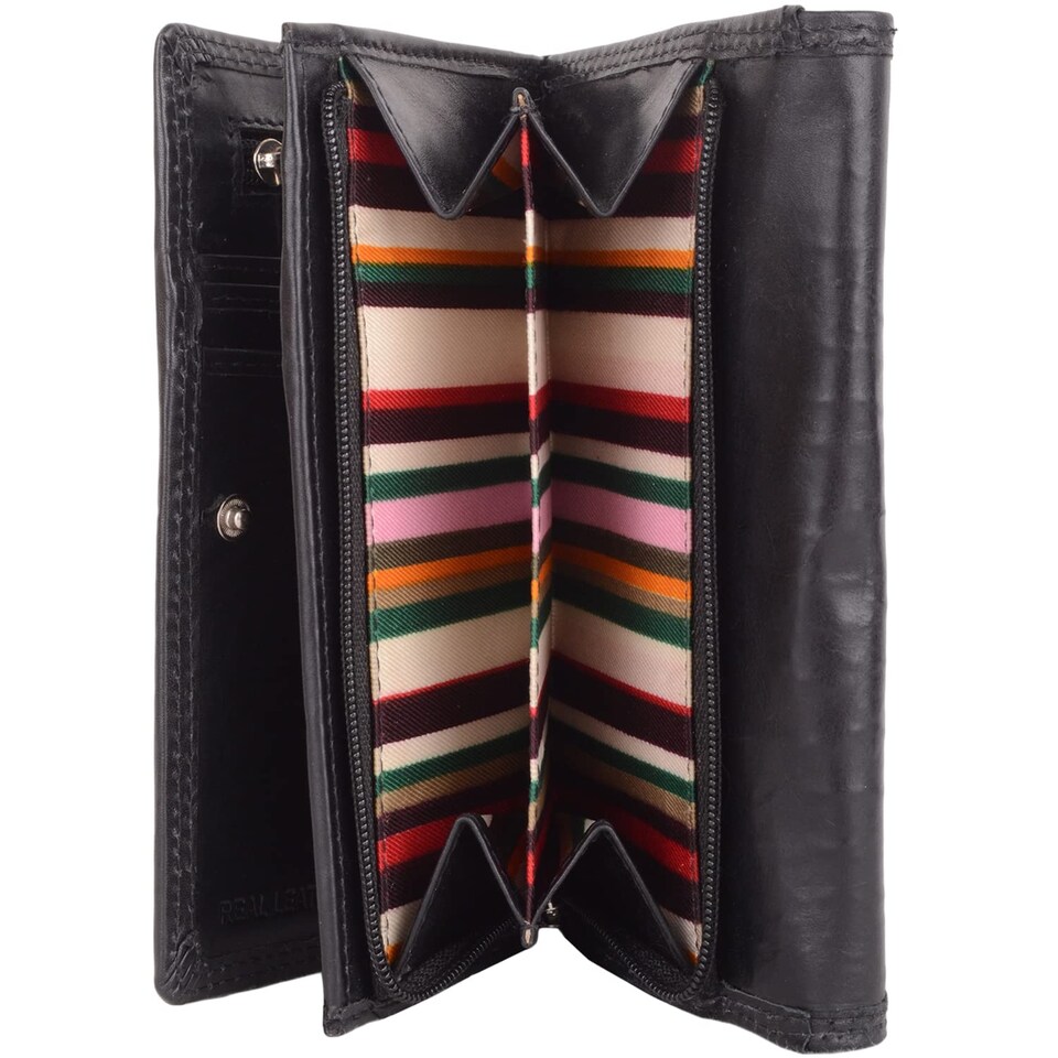 image 1 of London Leathergoods Womens Tri Fold Money Holder Magnetic Flap Purse Wallet | Black | Black