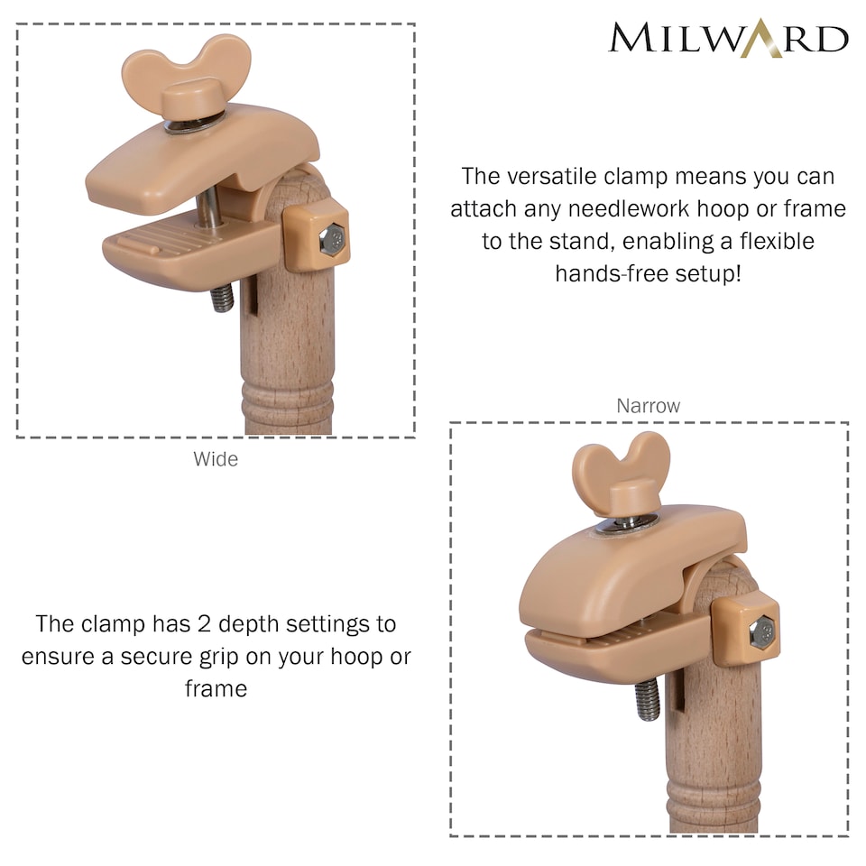 image 1 of Milward Versatile Beech Seat Frame - Adjustable Hands-Free Stand with Universal Clamp for Any Hoop or Frame