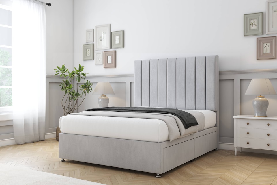image 1 of Sloomy Kansas Silver Naples Divan Bed With Mattress 2 Drawers Same Side With 54" Floor Standing Headboard 4'6 Double | Silver | Silver | Double | 1