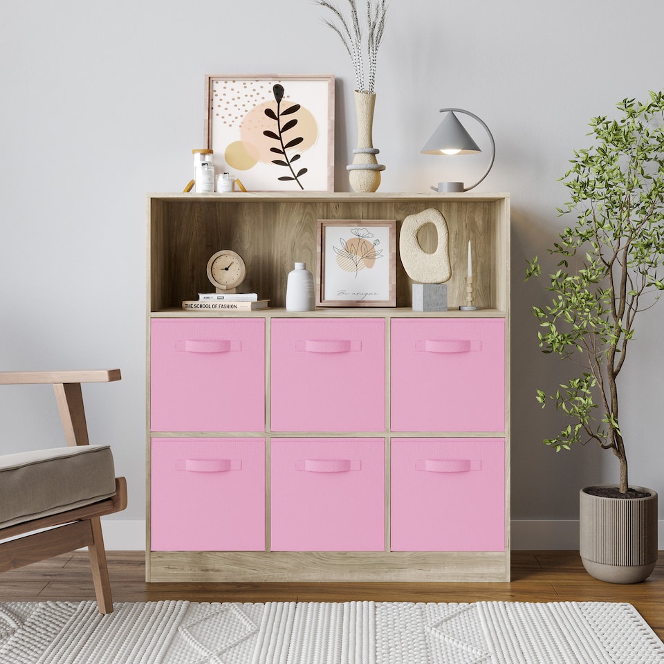 image 1 of Wide 7-Cube Bookcase With Drawers | Brown | Oak & Light Pink | 1