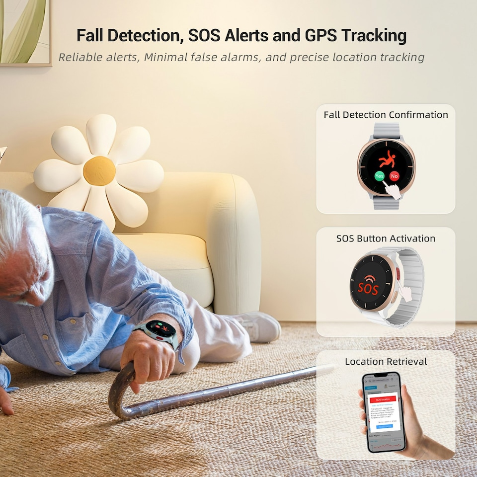 image 1 of 24/7 Remote Health Monitoring Watch, Fall Detection, SOS Alerts, Heart Rate, Temperature, Blood Pressure, 10 Day Battery - Audar E2