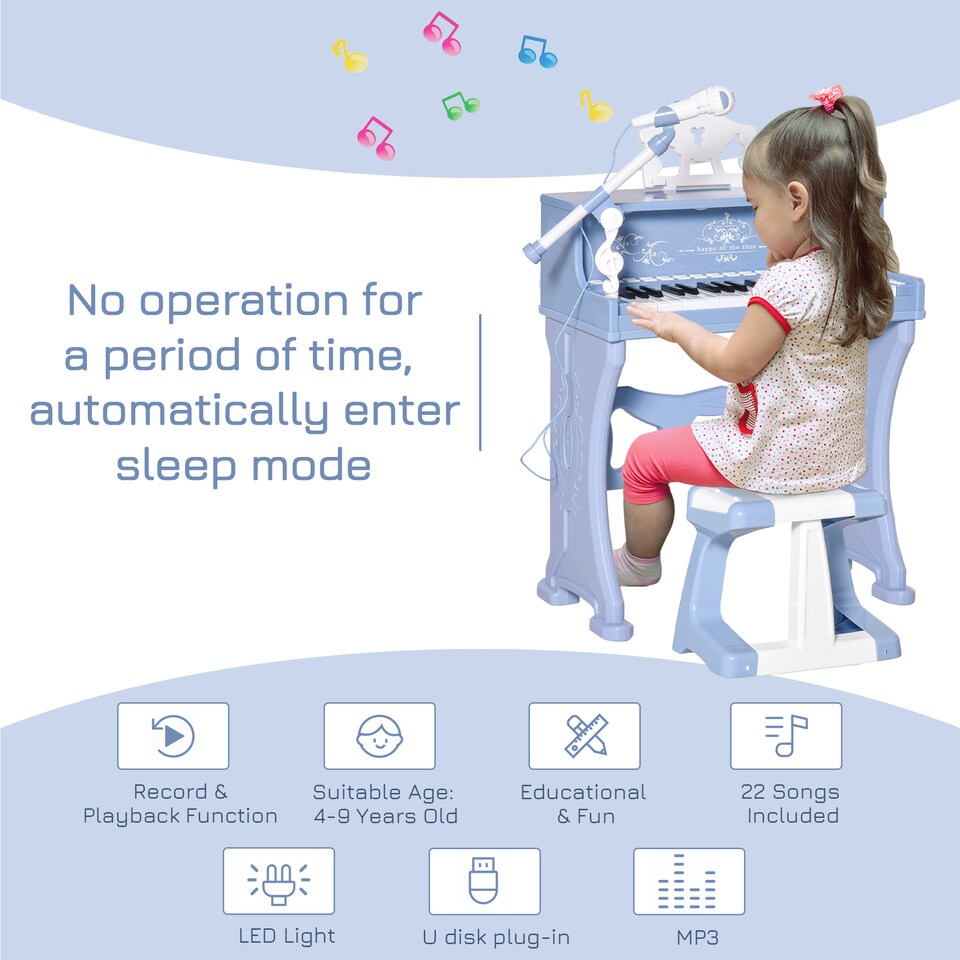 image 1 of HOMCOM 37 Key Keyboard Battery Piano Kids Microphone Stool Educational Game