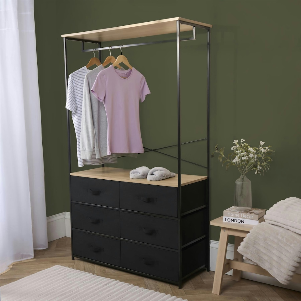image 1 of OHS Brooklyn 6 Drawer Home Storage Fabric Display Cabinet With Hanging Rail Brown | Beige