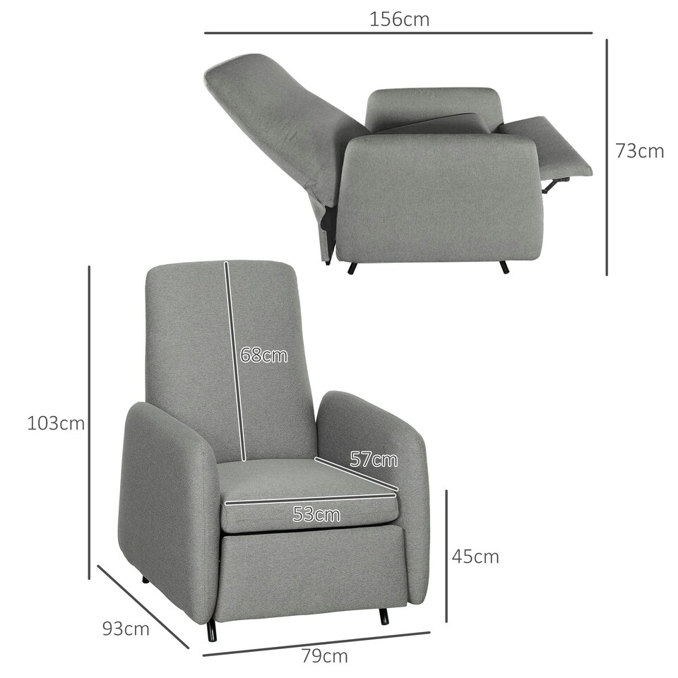 image 1 of HOMCOM Push Back Recliner Chair Fabric Reclining Armchair Grey Grey