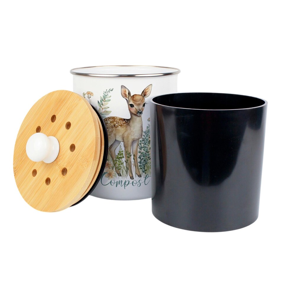 image 1 of Floral Deer Compost Caddy - Metal 2L Decorative Kitchen Food Waste Bin