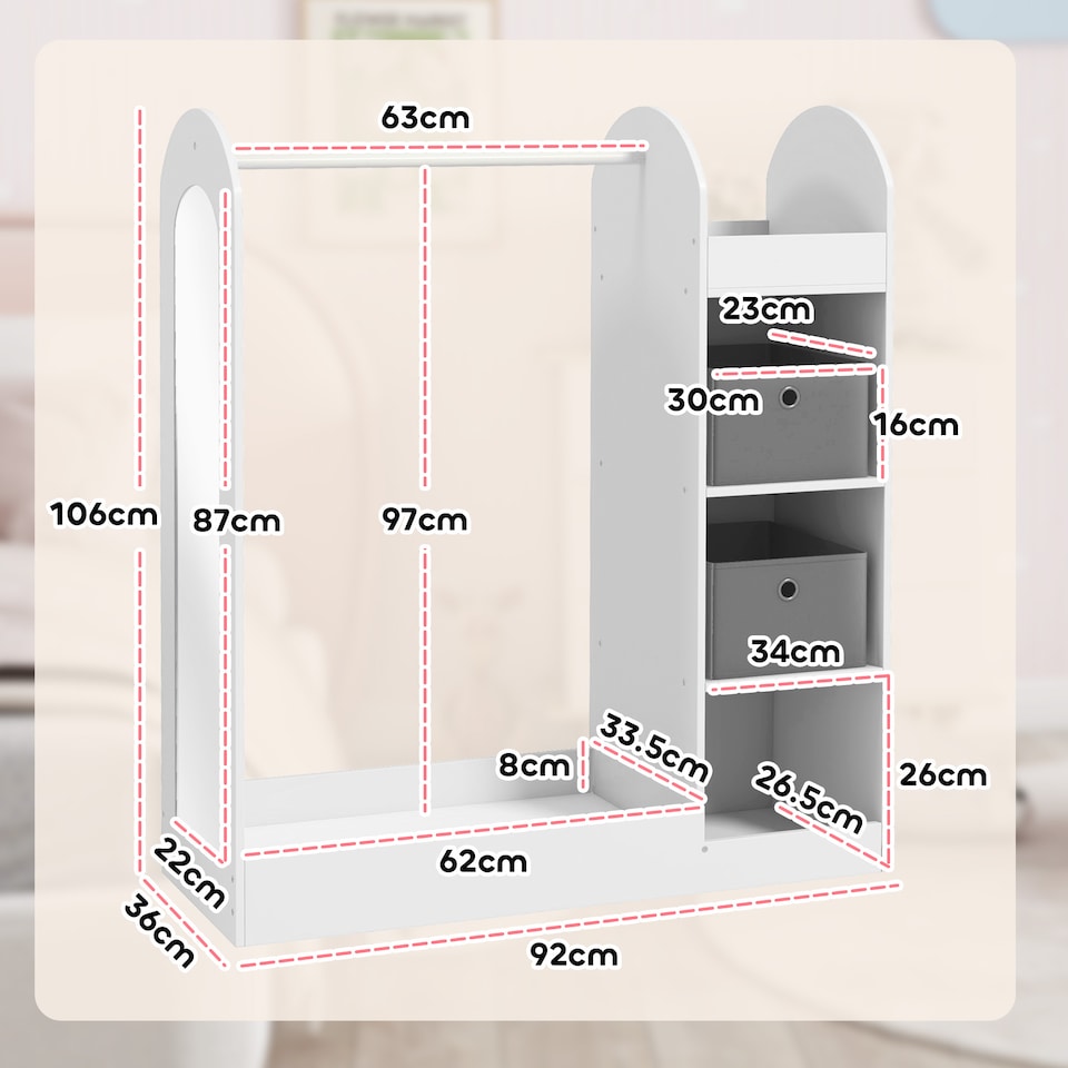 image 1 of AIYAPLAY Kids Clothes Rail with Storage Shelf, Boxes, Mirror, White
