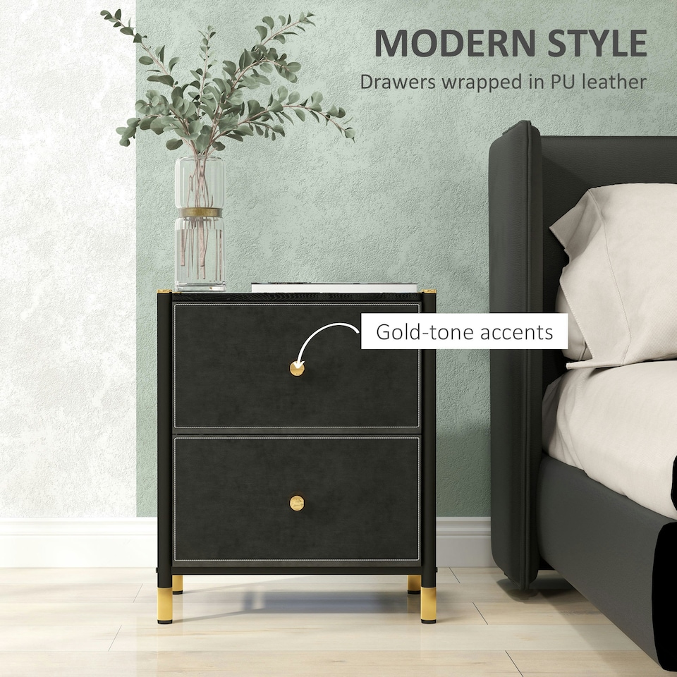 image 1 of HOMCOM PU Leather Bedside Table with 2 Drawers and Steel Legs, Black