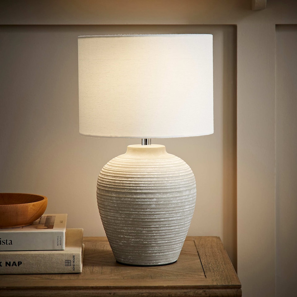 image 1 of ValueLights Reid Linen Drum Lamp Shade Stone Grey Ribbed Ceramic Small Table Lamp | Grey