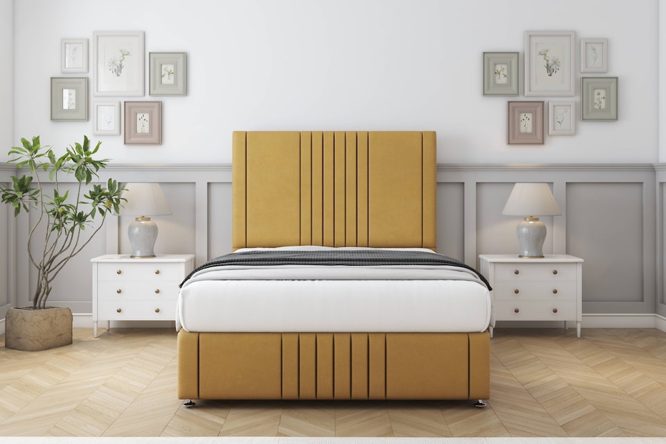 image 1 of Sloomy Harrington Mustard Plush Divan Bed With Mattress 2 Drawers Footend With 26" Strutted Headboard & 12" Matching Footboard 4' Small Double | Gold | Mustard | Small Double | 1