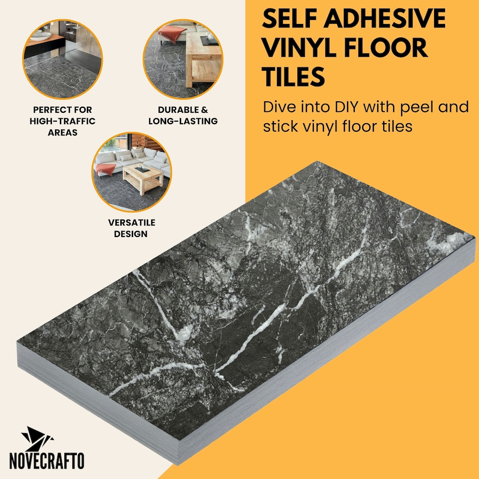image 1 of NOVECRAFTO Black Self Adhesive Vinyl Floor Tiles - 12”x24” (30.48x60.96cm) - Large Peel & Stick Waterproof Marble Effect Flooring - Pack of Tiles Black | 3.71 sqm