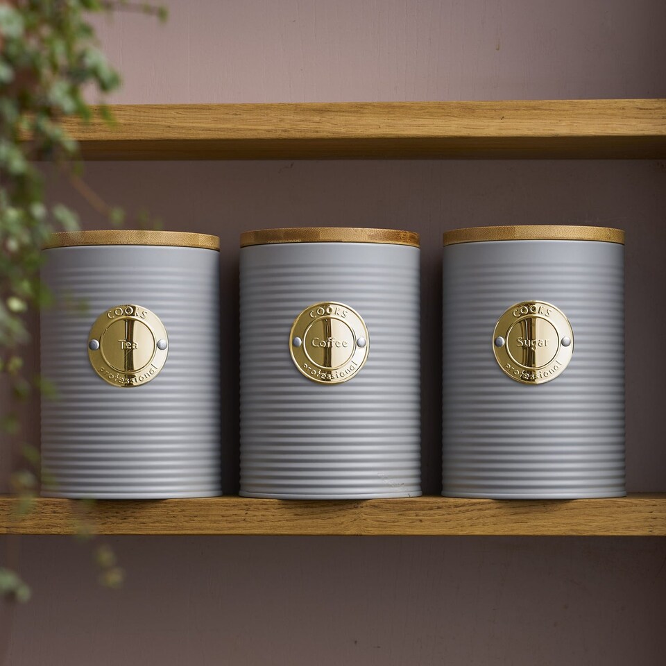 image 1 of Cooks Professional 3 Piece Ribbed Tea, Coffee, & Sugar Cannisters with Bamboo Lids | Grey | Grey & Gold
