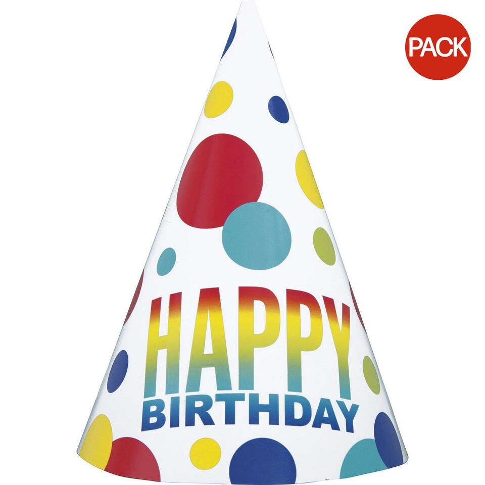 Unique Party Spotted Birthday Party Hats (Pack of 8) - Rainbow - One Size