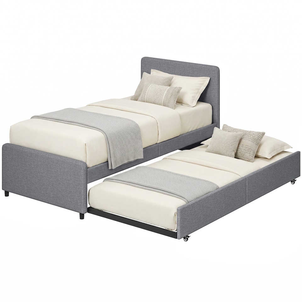 image 1 of HOMCOM 90 x 190 cm Upholstered Single Bed, Pull Out Trundle Bed