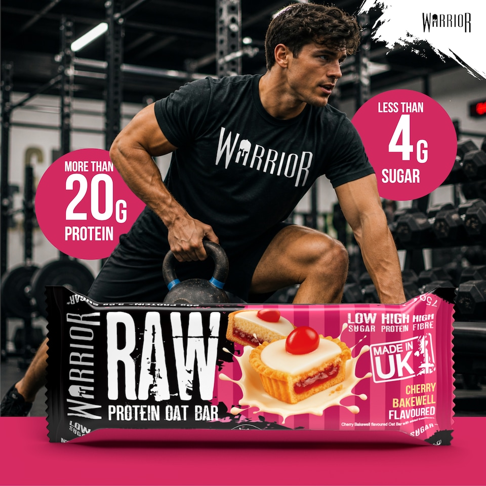 image 1 of Warrior RAW Protein Bars 12 x 75g – 20g High Protein Bar, Low Sugar High Fibre Oat Protein Flapjack – Protein Snacks, Meal Replacement Bars (Cherry Bakewell)
