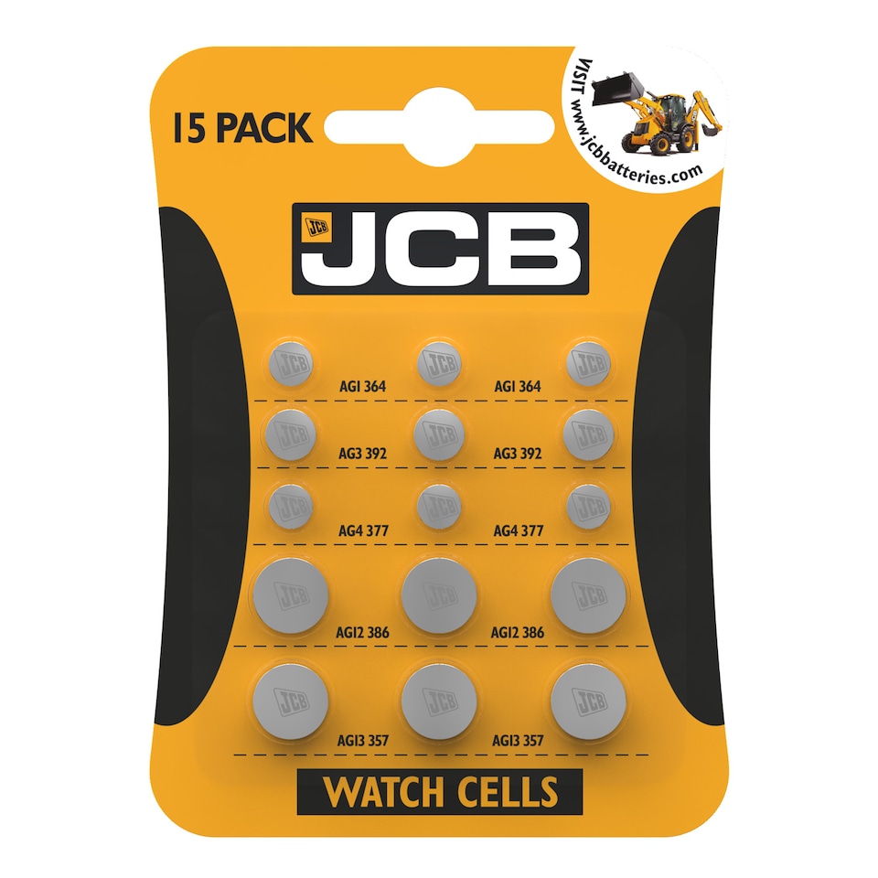 JCB Watch Coin Cell Mix - Pack of 15 | Silver | Extended Battery Packs | 15