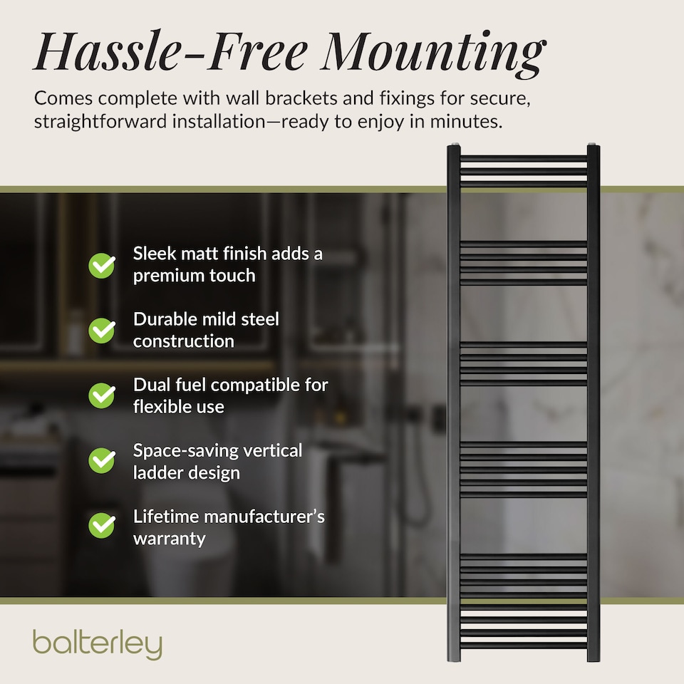 image 1 of Straight Heated Towel Rail Radiator, 732W, 400 x 1600mm, Matt Black | Black | Matt Black