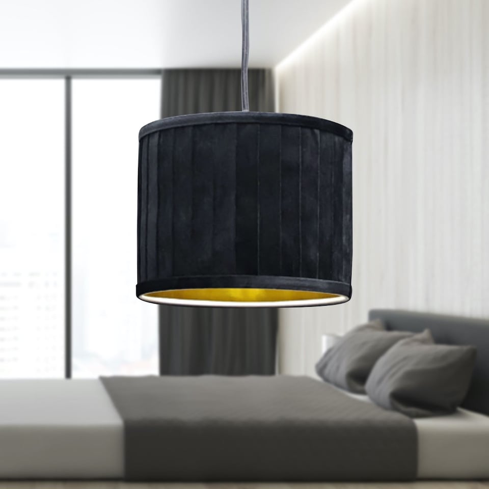 image 1 of Set of 2 Sundance - Black Velvet Pleated 25cm Lamp Shades with Gold Inner | Black | Gold | Medium | 2