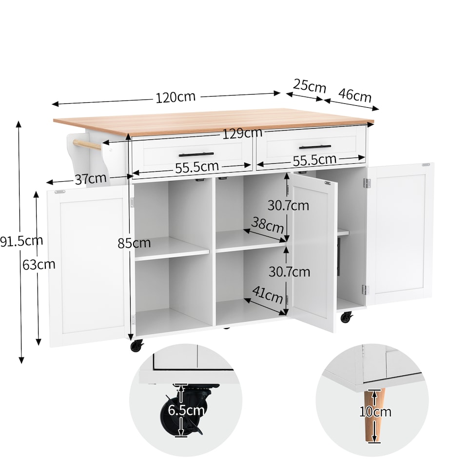 image 1 of VILUXE Mobile Kitchen Island with Foldable Worktop, 2 Drawers, Adjustable Shelves, Towel Rail, Wheels and Solid Wood Feet, White and Natural