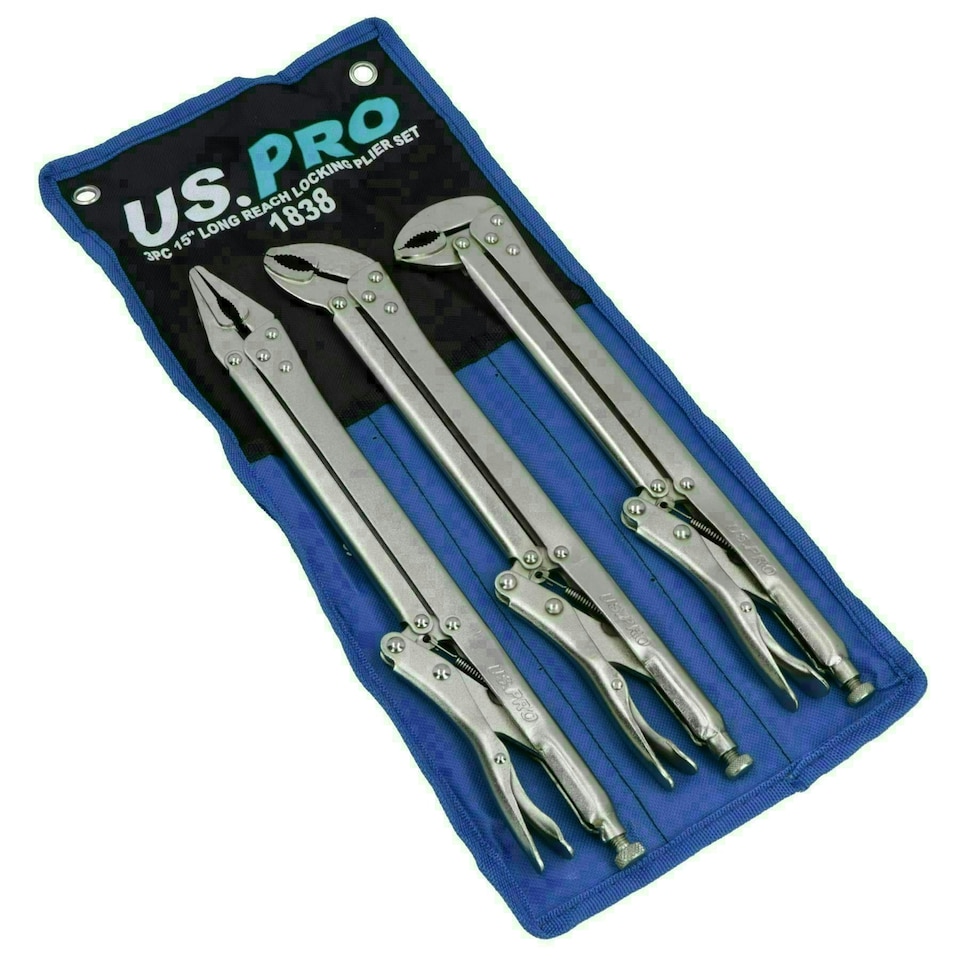 image 1 of 3pc Extra Long Nose 15in Adjustable Locking Pliers Mole Grips Straight 45° 90°