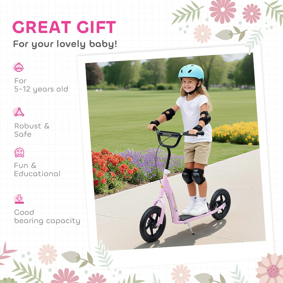 image 1 of HOMCOM Push Scooter, Teen Kids Scooter with 12" EVA Tyres, Pink