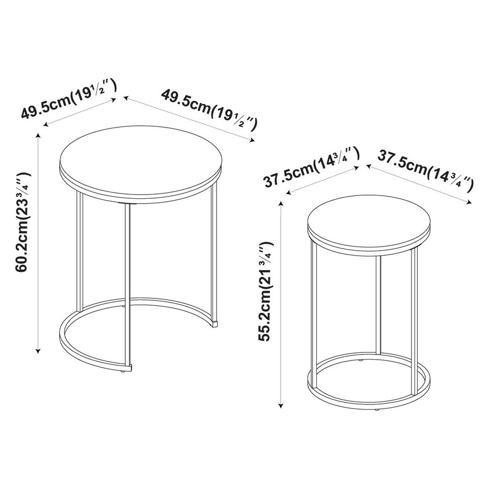 image 1 of 2Pc Round Nesting Stackable Sofa Side Bedside End Table Set Wood Top Metal Legs | Multi | Concrete Top with Black Legs