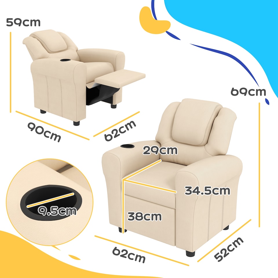 image 1 of HOMCOM Kids Recliner Chair w/ Cup Holder, PU Leather Children Lounger, Beige