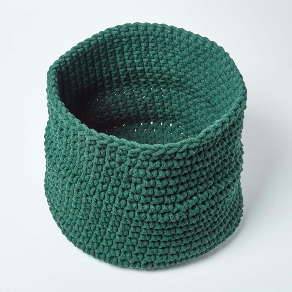 image 1 of Homescapes Forest Green Cotton Knitted Round Storage Basket - 42 x 37cm Green | L
