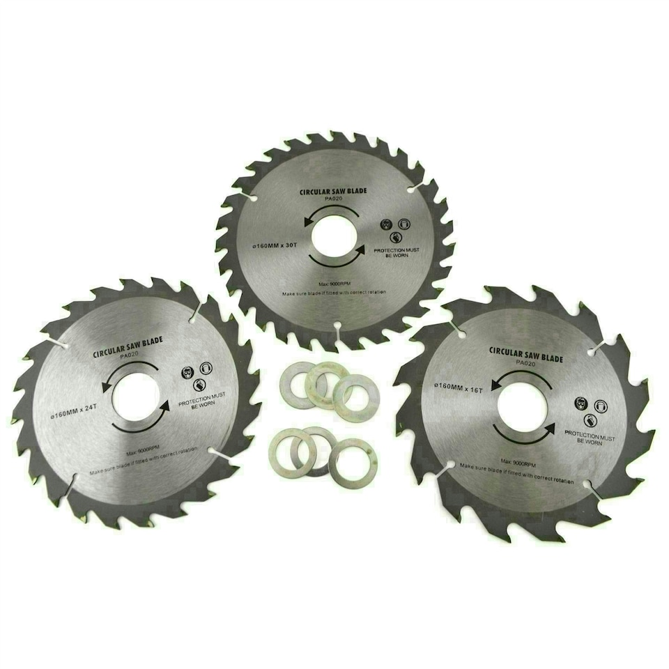 image 1 of 3pc 160mm TCT Circular Saw Blades 16/24/30 TPI & Adapter Rings Reducer TE858