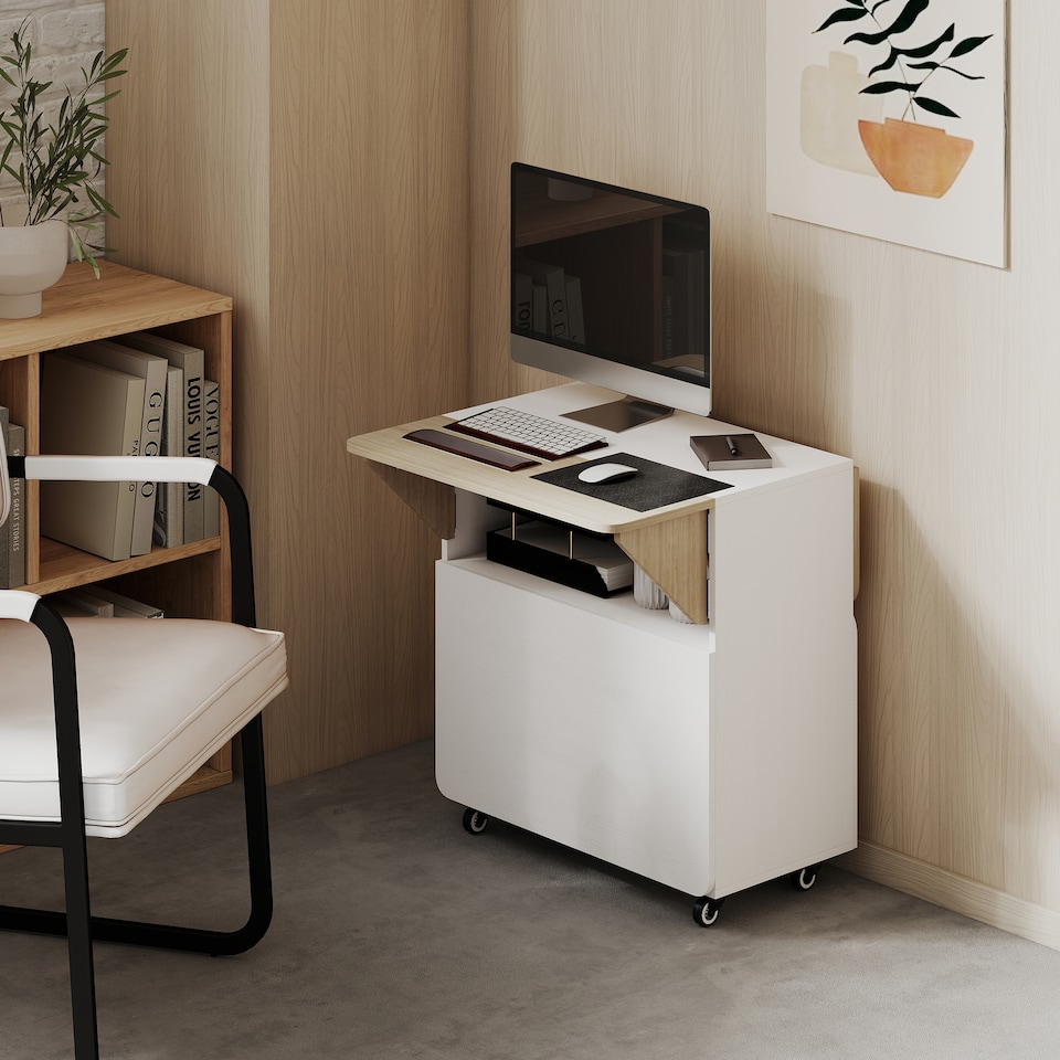 image 1 of HOMCOM Folding Dining Table, Rolling Drop Leaf Table with Hidden Shelf | White | White and Natural Wood | 70W x 83D x 75H cm