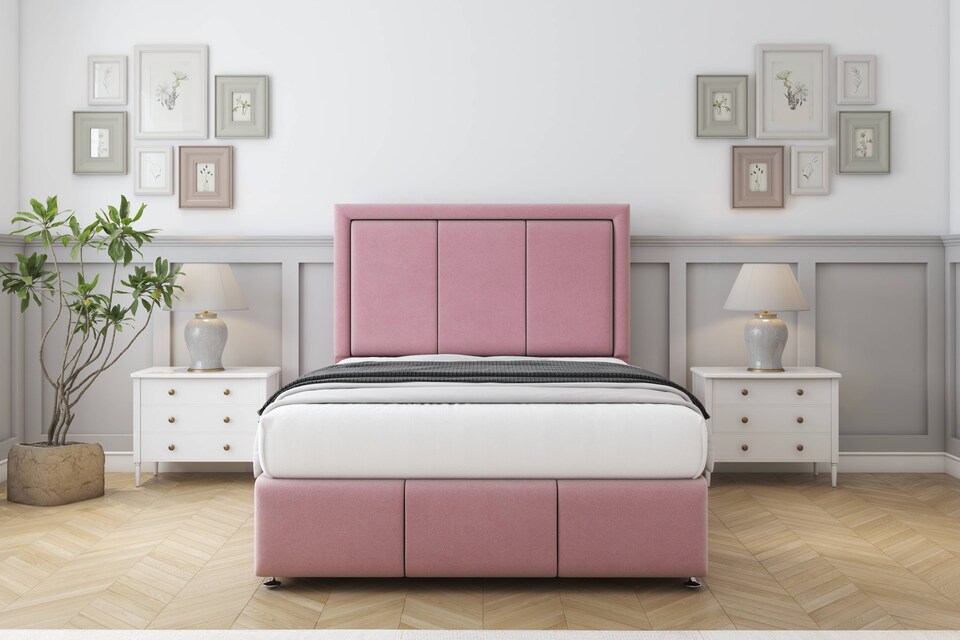 image 1 of Sloomy Lancaster Pink Plush Divan Bed Base 4 Drawers With 26 Inch Strutted Headboard & 12 Inch Matching Footboard | Pink | Pink | Super King | 1