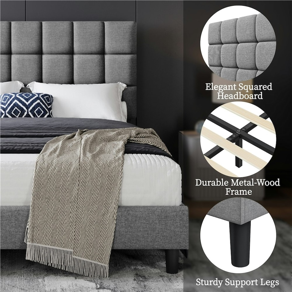 image 1 of Yaheetech 150 cm W × 200 cm L Upholstered Bed Frame Light Grey