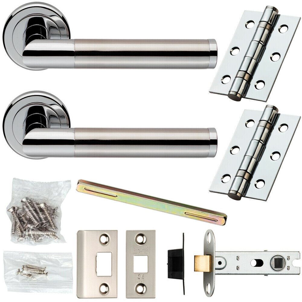 Loops Door Handle & Latch Pack Chrome & Satin Nickel Straight Screwless Round Rose in Metallics