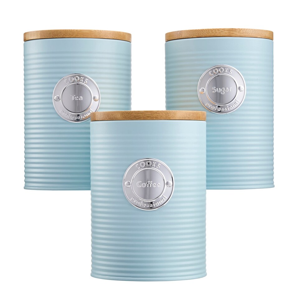 image 1 of Cooks Professional 5 Piece Ribbed Tea Coffee Sugar Bread & Biscuit Cannisters with Labels | Blue | Blue & Silver