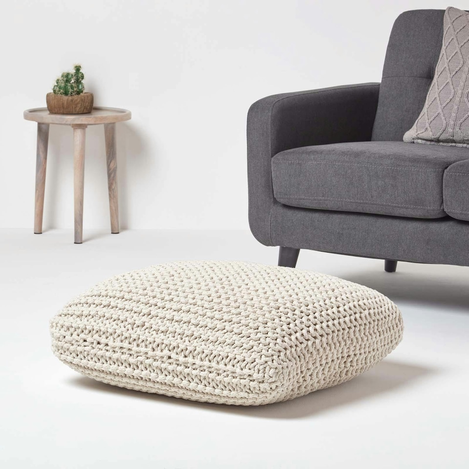 image 1 of Homescapes Natural Square Cotton Knitted Pouffe Floor Cushion | Cream | 70 x 20 cm