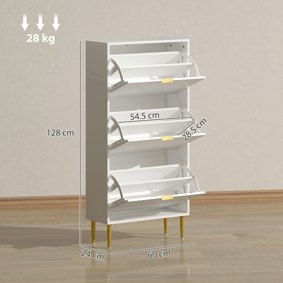 image 1 of HOMCOM Slim Shoe Storage Cabinet with 3 Flip Drawers for Hallway White | Gold | 60W x 24D x 128H cm
